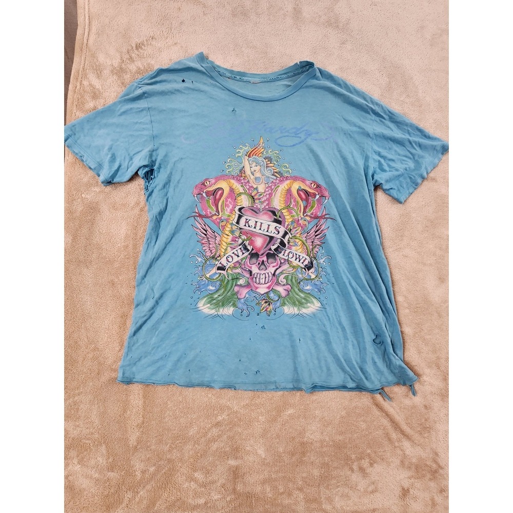 Ed Hardy Destroyed T-shirt men's light blue short sleeve no‎ size tag